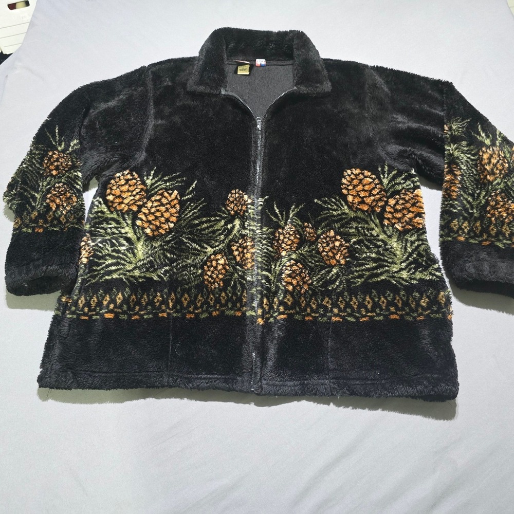 Vintage Mazmania Fleece Jacket Mens XL Black Pinecone Graphic Made USA Zip 90's